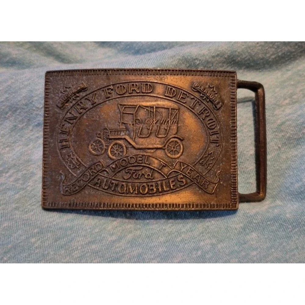 Vintage Henry Ford Detroit Belt Buckle w Model T Record Year Business & Pleasure